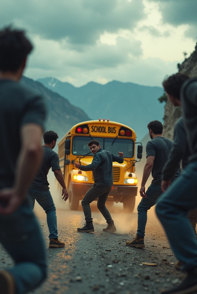 "Create an intense action scene where a lone college student is bravely fighting off a gang of several tough-looking opponents on a narrow mountain road. The student, with blood trickling from a cut on his forehead and bruises on his arms, stands defiantly in front of a school bus. The bus, filled with worried classmates, is parked precariously close to the edge of a steep cliff, with the vast mountain landscape stretching out behind it. The student is in the midst of delivering a powerful punch to one of the gang members, while others close in on him. Dust kicks up from the ground, and the sky above is a mix of stormy clouds and the dim light of an approaching dusk, adding to the tension and drama of the scene."