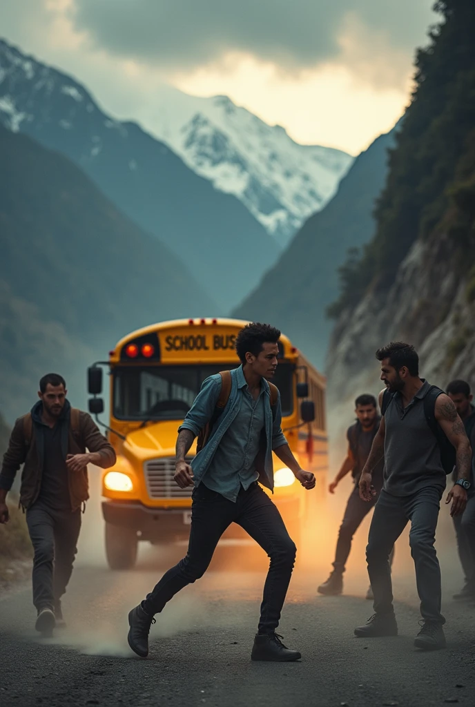 "Create an intense action scene where a lone college student is bravely fighting off a gang of several tough-looking opponents on a narrow mountain road. The student, with blood trickling from a cut on his forehead and bruises on his arms, stands defiantly in front of a school bus. The bus, filled with worried classmates, is parked precariously close to the edge of a steep cliff, with the vast mountain landscape stretching out behind it. The student is in the midst of delivering a powerful punch to one of the gang members, while others close in on him. Dust kicks up from the ground, and the sky above is a mix of stormy clouds and the dim light of an approaching dusk, adding to the tension and drama of the scene."