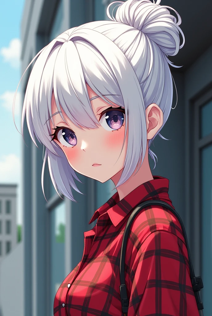 young anime girl, modern, with glasses, white hair updo, with a red plaid shirt, (bottomless)