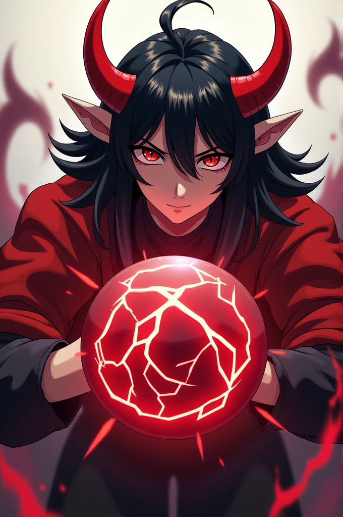 An anime style with black hair, red horns, small fiery eyes, and a large magic hammer looking straight ahead.