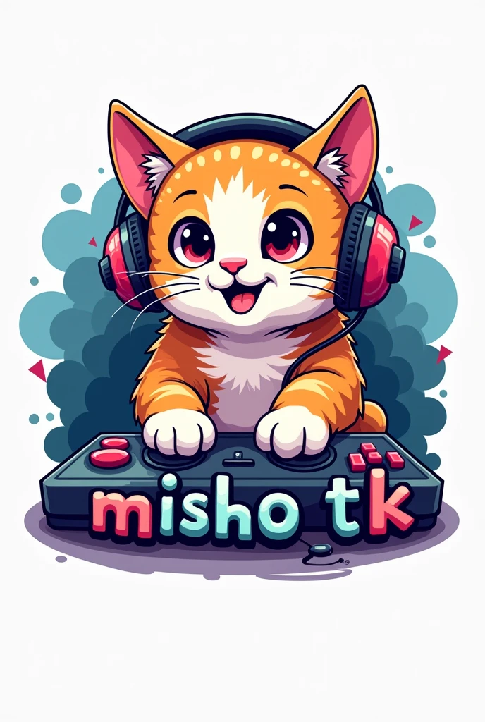 Can you create a logo for me of a GEIMER cat that has headphones AND IS PLAYING and below that has the words "MISHO TK"