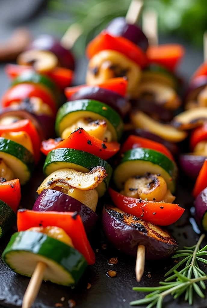 Create an image of this recipe: Grilled Vegetable Skewers Ingredients:
- Zucchini: 100 g - Red pepper: 100 g - Mushrooms: 100 g - Berenjena: 100 g - Red onion: 50 g - Olive oil: 15 ml
- Romero fresco: 10 g
- Sal: 5 g - Pepper: 2 g Preparation:
1. Wash and cut the zucchini, Pepper, Mushrooms, Eggplant and onion in uniform pieces.
2. Thread the vegetables onto skewers, alternating the different types.
3. In a bowl, Mix the olive oil with the chopped rosemary, salt and pepper.
4. Brush the skewers with the oil and spice mixture..
5. Grill the skewers or put them in the oven at 200°C for 15-20 minutes., turning them over halfway through cooking.
6. Serve the skewers hot as a main dish or side dish..