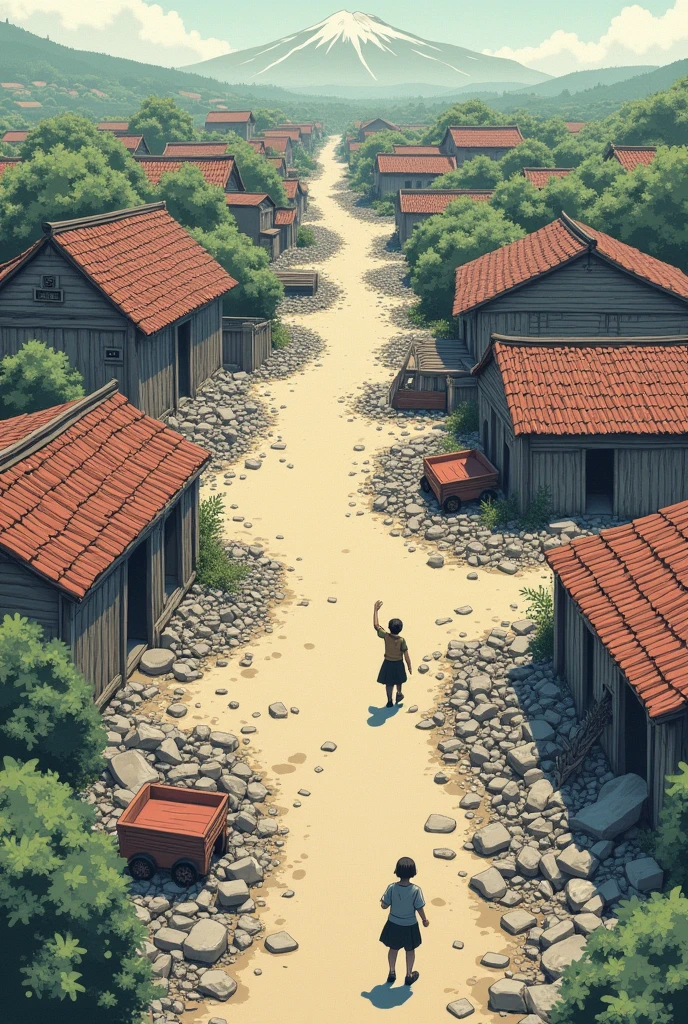 A small village destroyed, seen more or less from above. Do it in manga style