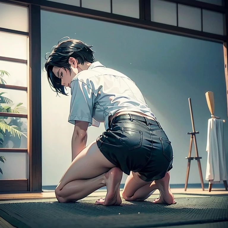 ((From behind, Back Focus)),(1 person,Japanese,２０Male。Very short black hair),alone,(White shirt,Dark blue shorts),(Stick your butt in front of the screen）,Bare feet