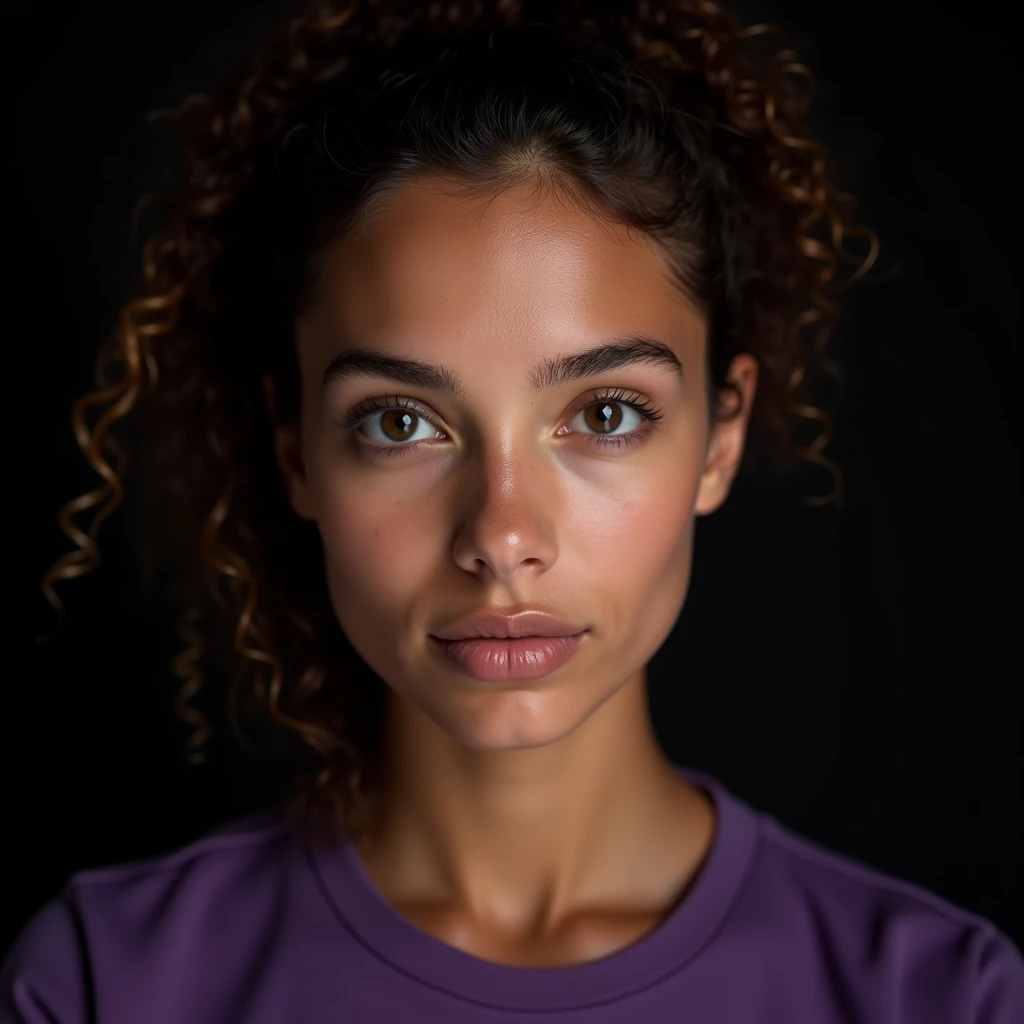 close-up of a woman, European appearance,curly hair pulled back on top, portrait shot, studio lighting, studio shooting of an advertising plan, девушка looks straight на зрителя, She is wearing a purple shirt, Black background, backlight outlining the left side of the face, realistic skin texture, looks straight