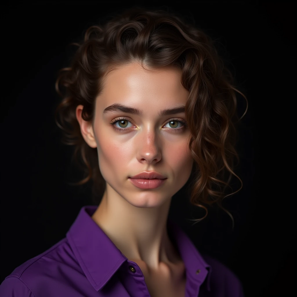 close-up of a woman, European appearance,curly hair pulled back on top, portrait shot, studio lighting, studio shooting of an advertising plan, девушка looks straight на зрителя, She is wearing a purple shirt, Black background, backlight outlining the left side of the face, realistic skin texture, looks straight
