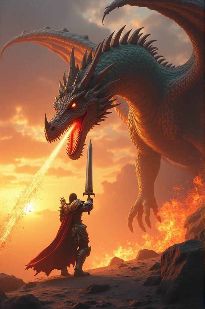 Giant multi-colored dragon spewing fire at sunset fighting with knight in golden armor and an oversized illuminated sword