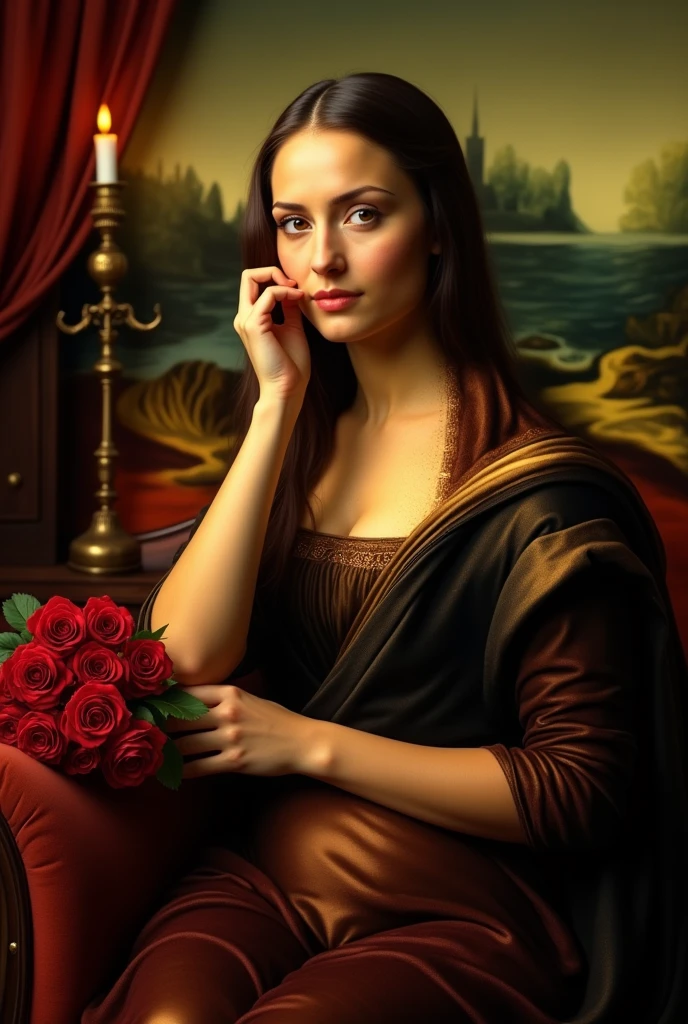 A captivating reimagining of Leonardo da Vinci's iconic Mona Lisa, but with a seductive twist. Instead of her enigmatic half-smile and demure gaze, she adopts a more alluring posture. She leans slightly to one side, resting an elbow on the armrest of a plush velvet chair, her hand delicately supporting her cheek. Her other hand is gracefully extended along the chair's back, fingers lightly touching a bouquet of crimson roses that mirror the warm tones of the rich drapery behind her. The famed portrait's background has been replaced with a dimly lit boudoir, adorned with luxurious fabrics and candlelit sconces, which cast a soft, sensual glow across her skin. Mona Lisa's eyes, though still enigmatic, hold a hint of mischief and invitation. Her hair is uncovered, cascading in soft waves over her bare shoulders, and her neckline is lowered to reveal a hint of creamy cleavage. The iconic smile remains, but it is now fuller and more knowing, as if sharing a secret. The original's folded hands are replaced by a playful gesture that suggests an openness and willingness to engage. This seductive pose is executed with a masterful blend of Renaissance elegance and modern allure, creating a mesmerizing fusion of art and desire that leaves the viewer intrigued and captivated by her transformed persona.