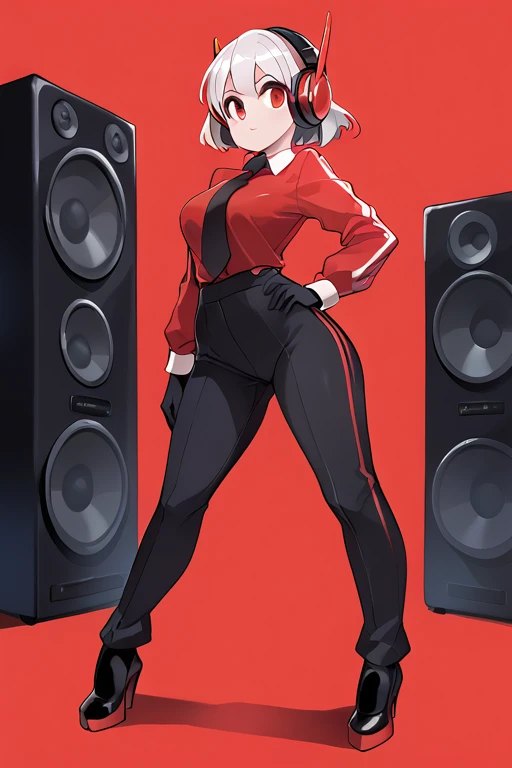 score_9, score_8_up, score_7_up, score_6_up, score_5_up, score_4_up, (1girl), (masterpiece, best quality, ultra-detailed), Speaker Woman, humanoid female with a large red speaker for a head, sleek black pinstripe suit, fitted jacket with a tie, long sleeves, form-fitting pants, confident and assertive pose, black gloves, glowing red, vibrant red background, simple lighting, dynamic composition, smooth shading, clean lines, clear focus, full-body view, robot_head_speaker, real human body, robot_head_speaker_woman, Black full body suit elegant with stripes with, Red shirt underneath, robot_head_speaker, red shirt, big headphones, Nyantcha style, GLaDOSSDXL, Glados, mechanical parts, humanoid robot, Short hair,