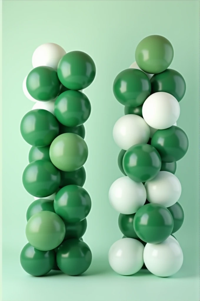 Create two columns of balloons with two types of green, one dark and one lighter, with white balloons also about 1 meter long.