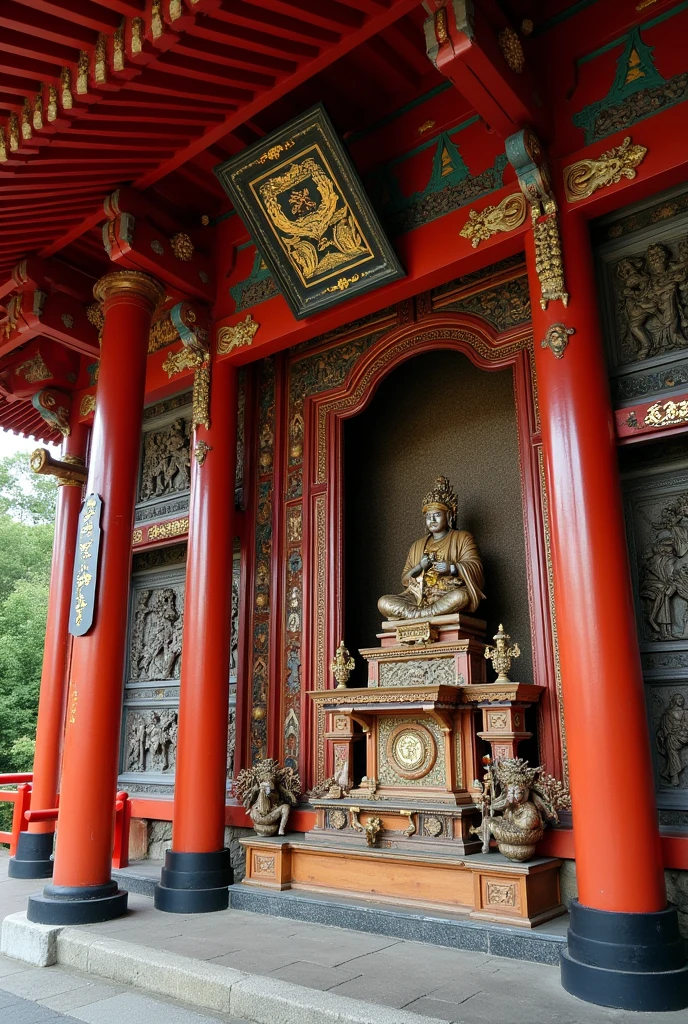 Depicts the sculptures and decorations around the main hall of Fushimi Inari Taisha Shrine。On the outer wall of the main hall、The detailed carvings are、It creates a sacred atmosphere。The sculptures depict scenes from myths and legends.、It has an intricate design。Also、The decoration is beautifully decorated with gold and red.、It creates a luxurious and mysterious atmosphere.。In harmony with the surrounding nature、It offers a quiet and solemn atmosphere