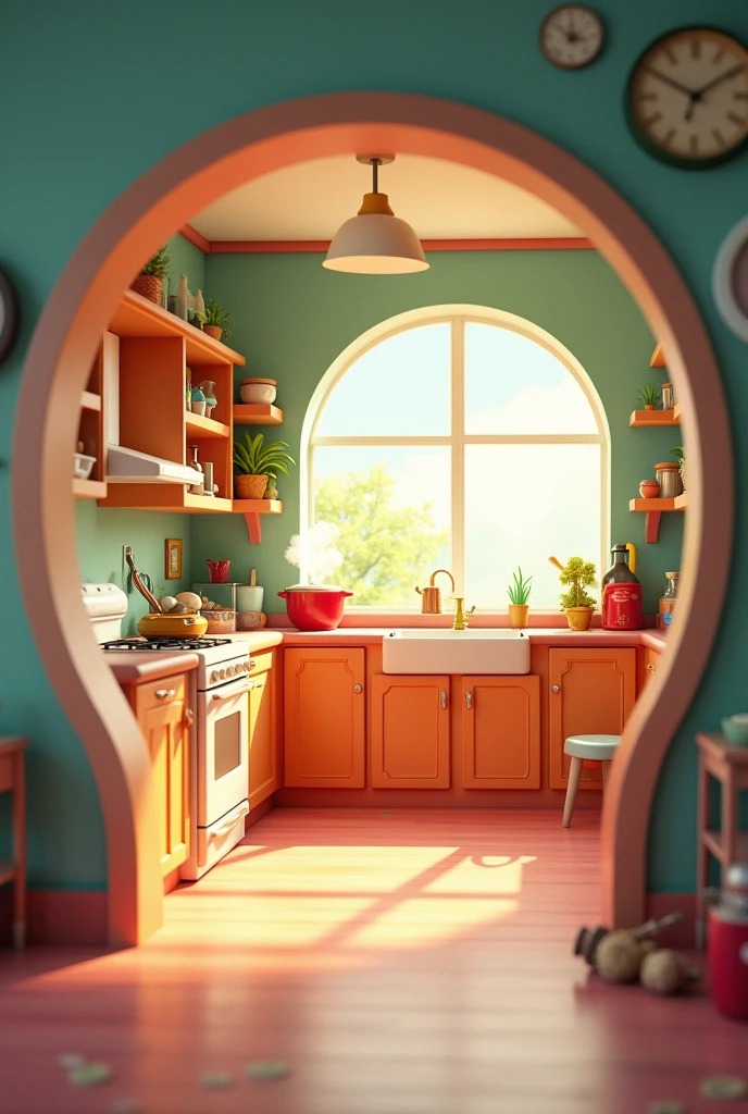 Animated kitchen background in circle without characters 