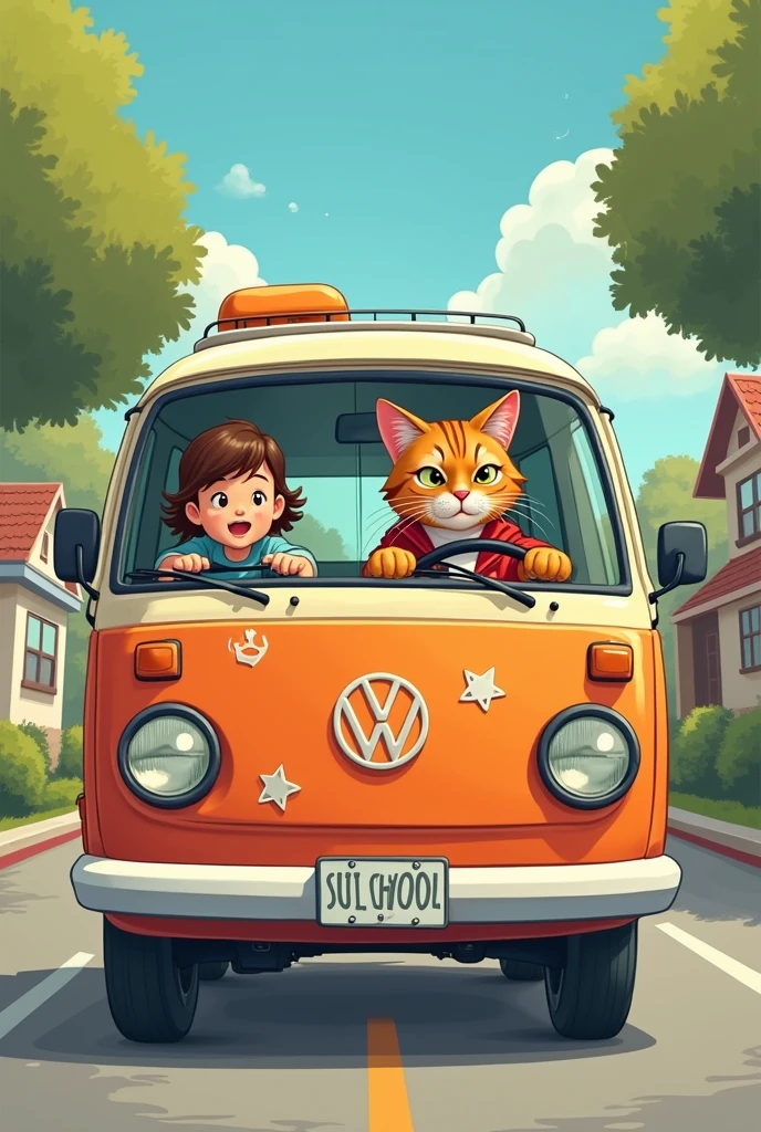 A cat teenager driving a little ??? to school in his Van