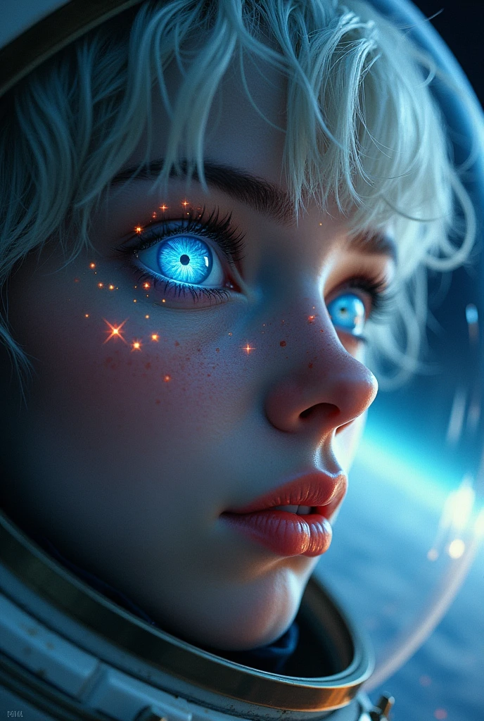 (Close-up of a better masterpiece:1.5)0.9], (Space and astronauts:1.2) (Messy silver hair:1.1) (Heterochromia xanthochromia and blue eyes:1.2) (Space Helmet:1.0) (Colored stars in the eyes:1.0) (A radiant glow:1.1) (thick lips:0.9)