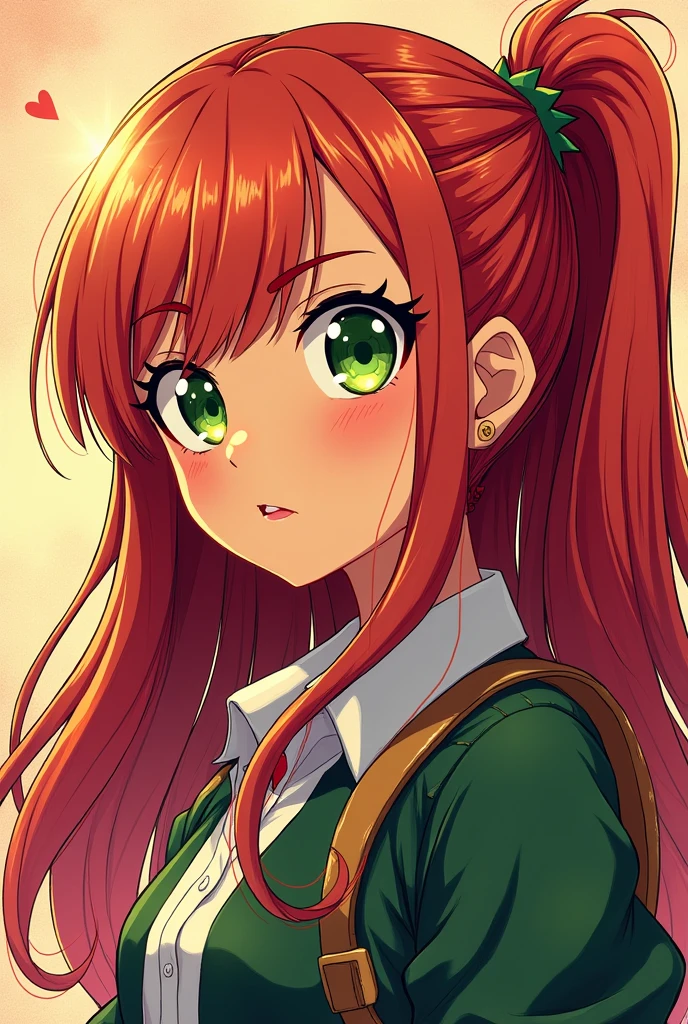 my hero academia manga art style, tan girl who has light red, long, side swept hair, sharp and pointy lime green eyes, has an eyebrow peircing and a red heart hair clip