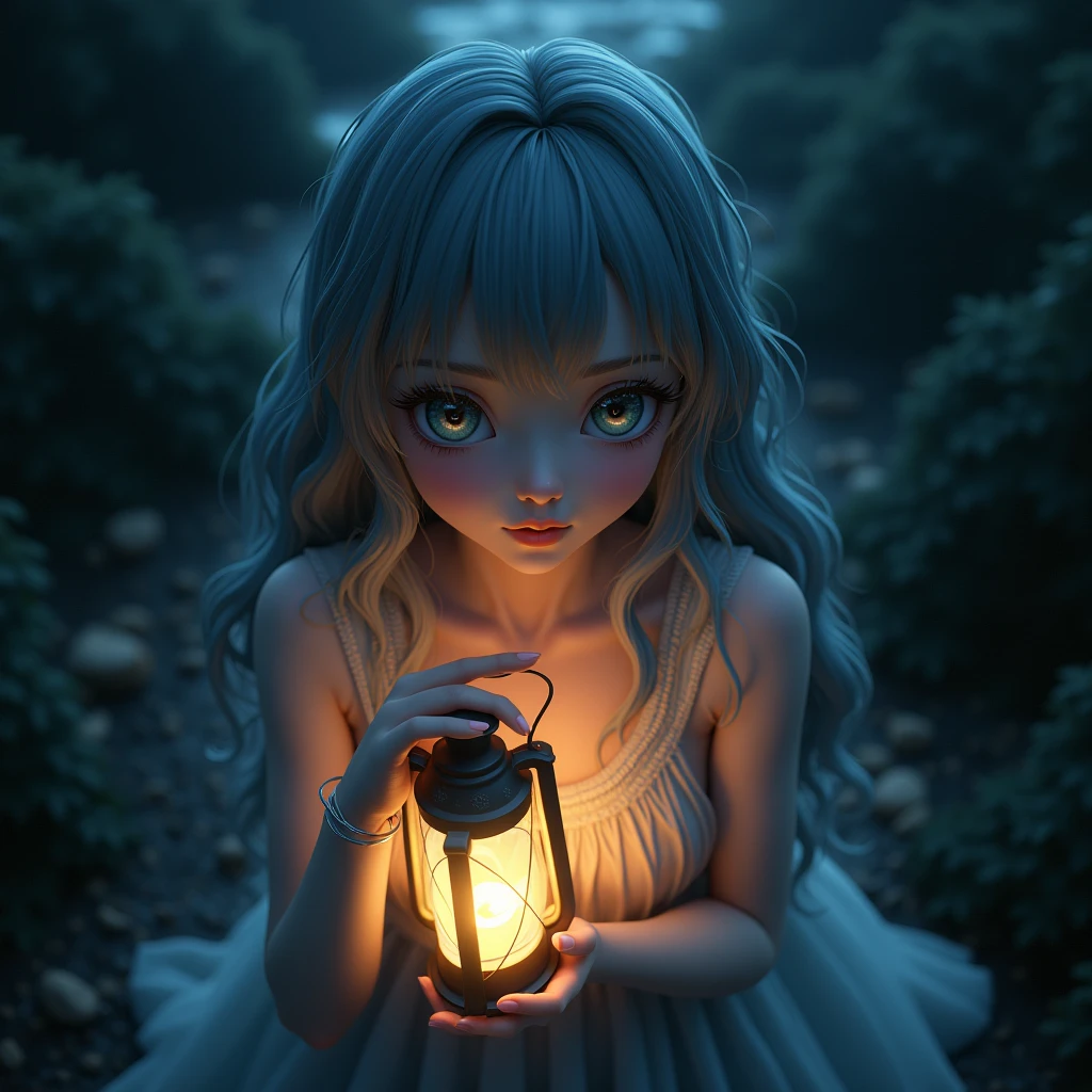 Anime girl, darknest, bring a lantern, top angle camera, 3d, close up