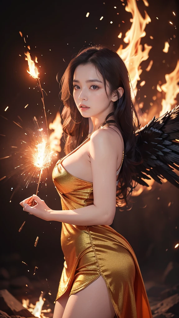 ((masterpiece, highest quality, Highest image quality, High resolution, photorealistic, Raw photo, 8K)), ((Extremely detailed CG unified 8k wallpaper)), (huge stunning goddess shot, very hot and sexy, jaw-dropping beauty, perfect proportions, beautiful body, slim body beauty:1.4), A beautiful phoenix empress, fiery red hair, gazing into the camera with shimmering eyes, surrounded by flames, fire sparks popping, huge wings of fire, wearing a red and gold dress made of flames,