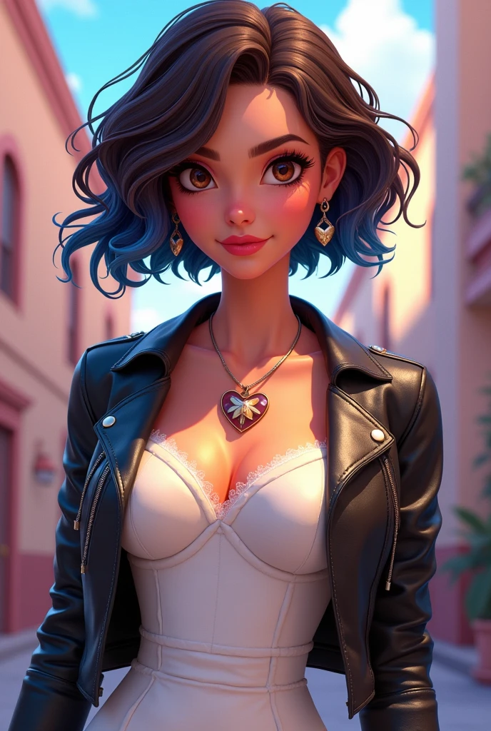 ((art animation 2D)) 20 year old woman with short wavy brown hair with dark blue dyed tips, Brown eyes, with good body, wearing a wedding dress with a leather jacket, with a heart tattoo on the chest
