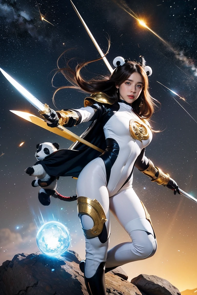 Highest quality, masterpiece, Realistic, High resolution, 8K RAW Photos, 1girl、Long Hair、goddess、Holding a decorated sword、Raise your sword、Glamour、(White bodysuit with panda motif、Gold Edge)、pendant、Earrings、(Action pose)、(On a rock on a planet where you can see a meteor shower)、(Many tentacles floating in the starry sky）、Panda Shield、Panda Missile、Panda Sword、Panda Armor、Attack with Panda、パンダの戦闘goddess、horn、