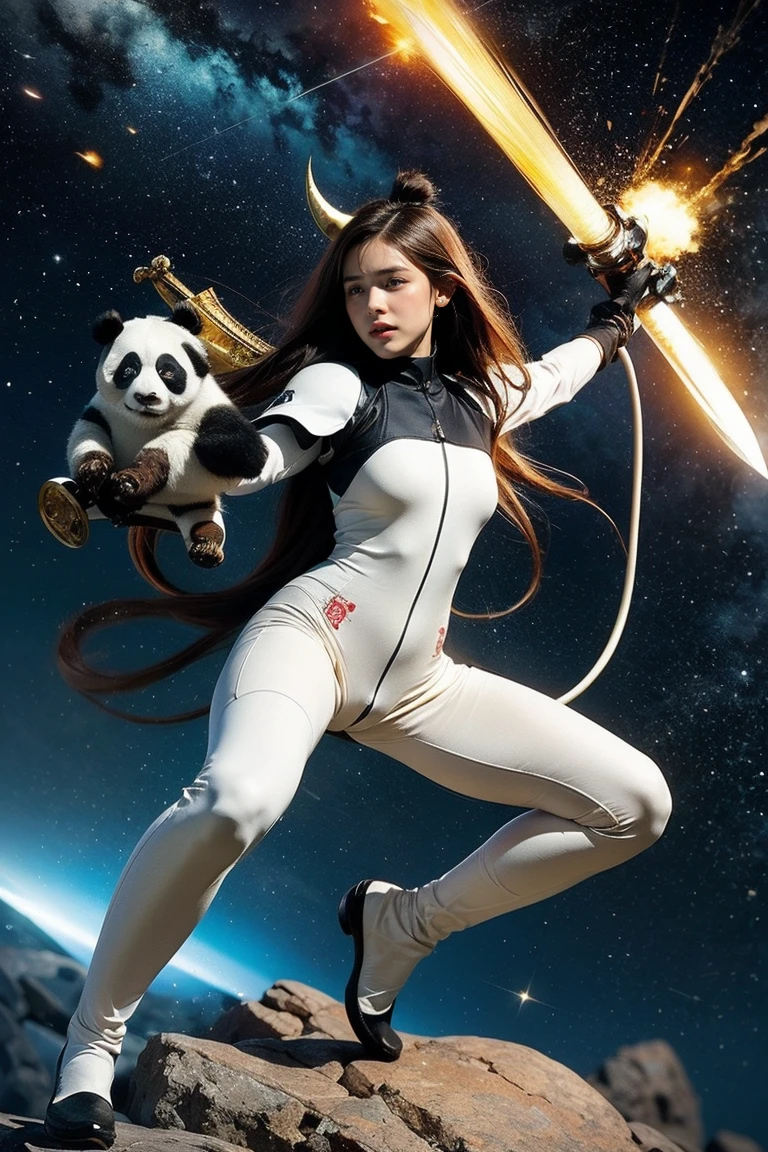 Highest quality, masterpiece, Realistic, High resolution, 8K RAW Photos, 1girl、Long Hair、goddess、Holding a decorated sword、Raise your sword、Glamour、(White bodysuit with panda motif、Gold Edge)、pendant、Earrings、(Action pose)、(On a rock on a planet where you can see a meteor shower)、(Many tentacles floating in the starry sky）、Panda Shield、Panda Missile、Panda Sword、Panda Armor、Attack with Panda、パンダの戦闘goddess、horn、