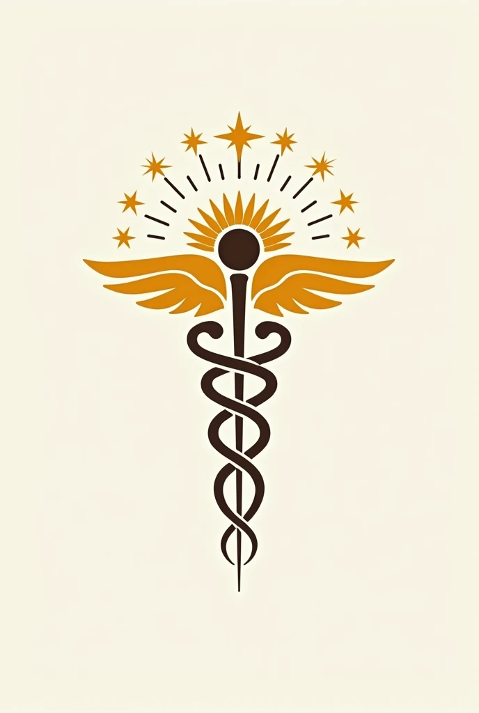 A logo for a medical clinic, mixing the symbol of Hermes' caduceus with sunflower, and the stars along the caduceus in the vertical of the southern cross constellation. vector style, simple colors and shapes, simple strokes, solid colors. The logo must be in 4X4 format, must not be vertical.