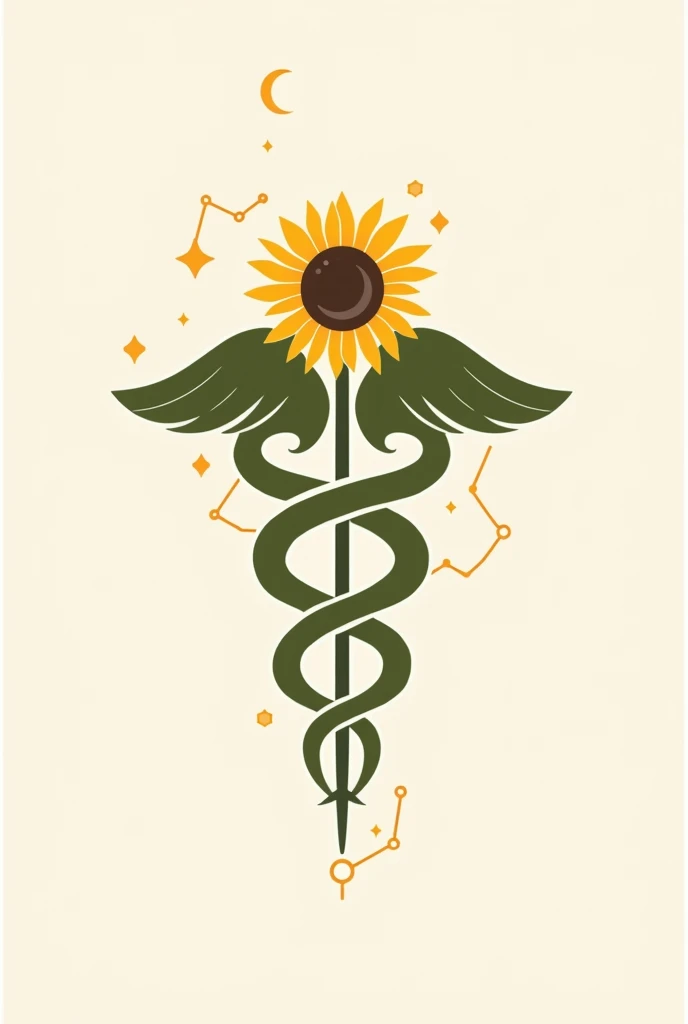A logo for a medical clinic, mixing the symbol of Hermes&#39; caduceus with sunflower, and the stars along the caduceus in the vertical of the southern cross constellation. vector style, simple colors and shapes, simple strokes, solid colors. The logo must be in 4X4 format, must not be vertical.
