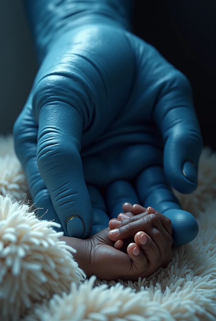 His hand was huge and blue and yet, he placed his hand over mine, that was small, feminine and black, that was on the fur blanket on the bed
