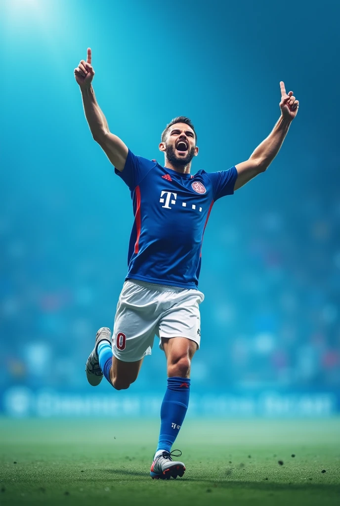 Photo of a man on a football pitch with a blue background, celebrating a goal by running and making the number 4 with your hand