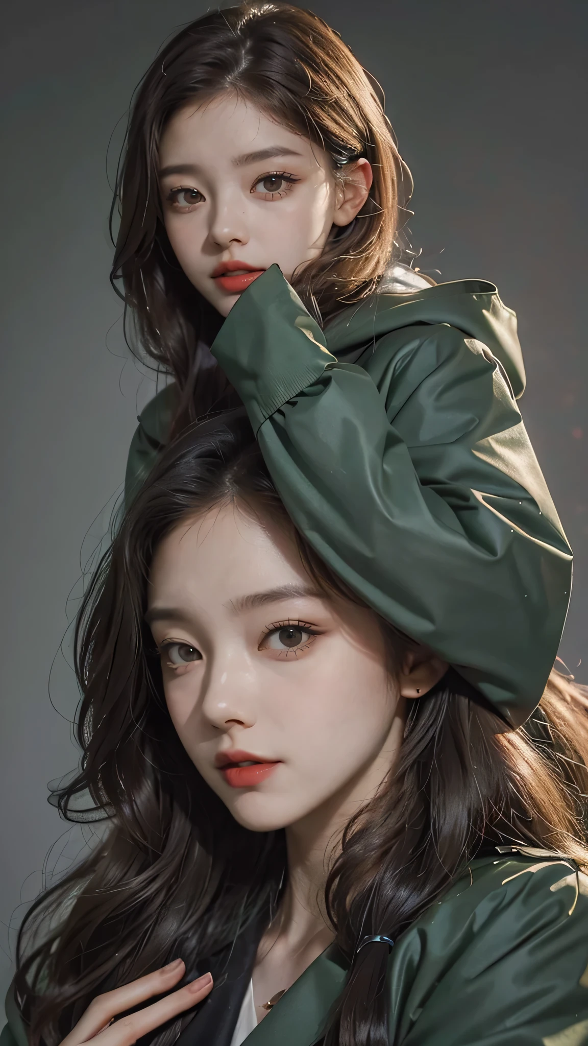 Girl wearing, luxury green coat, shoulder length hair, wavy hair, glowing skin, star in eye, red lips, grey  background, cute poses.