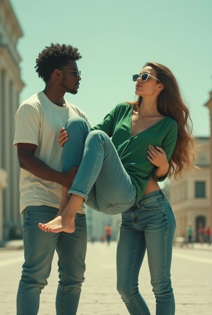 Create a photo of a 30 year old woman, with a slender and beautiful body, a green long-sleeved blouse, wearing a pair of jeans, with white and clear skin, with long light brown hair wearing sunglasses, as her body is being carried sideways in the air lying down in the arms of two black teenagers, one is holding the feet and the other is holding the hands, with dark black skins, ugly, thin, small, who are wearing prescription glasses and wearing white shirts and jeans in a square