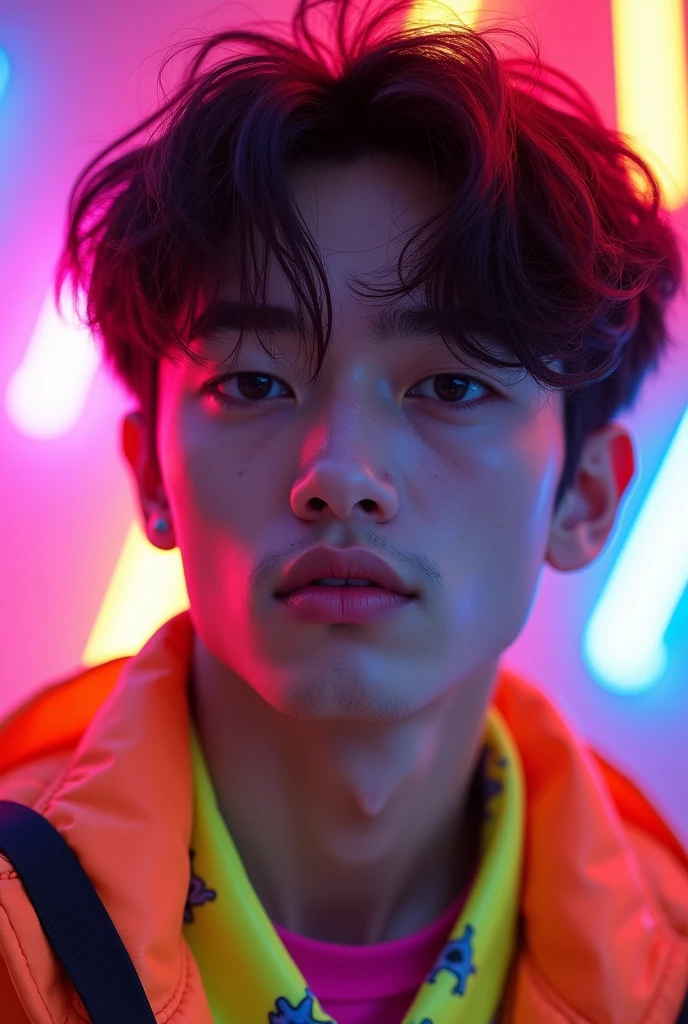Gay, Asian guy, wear a lot of neon and has brown shaggy messy hair