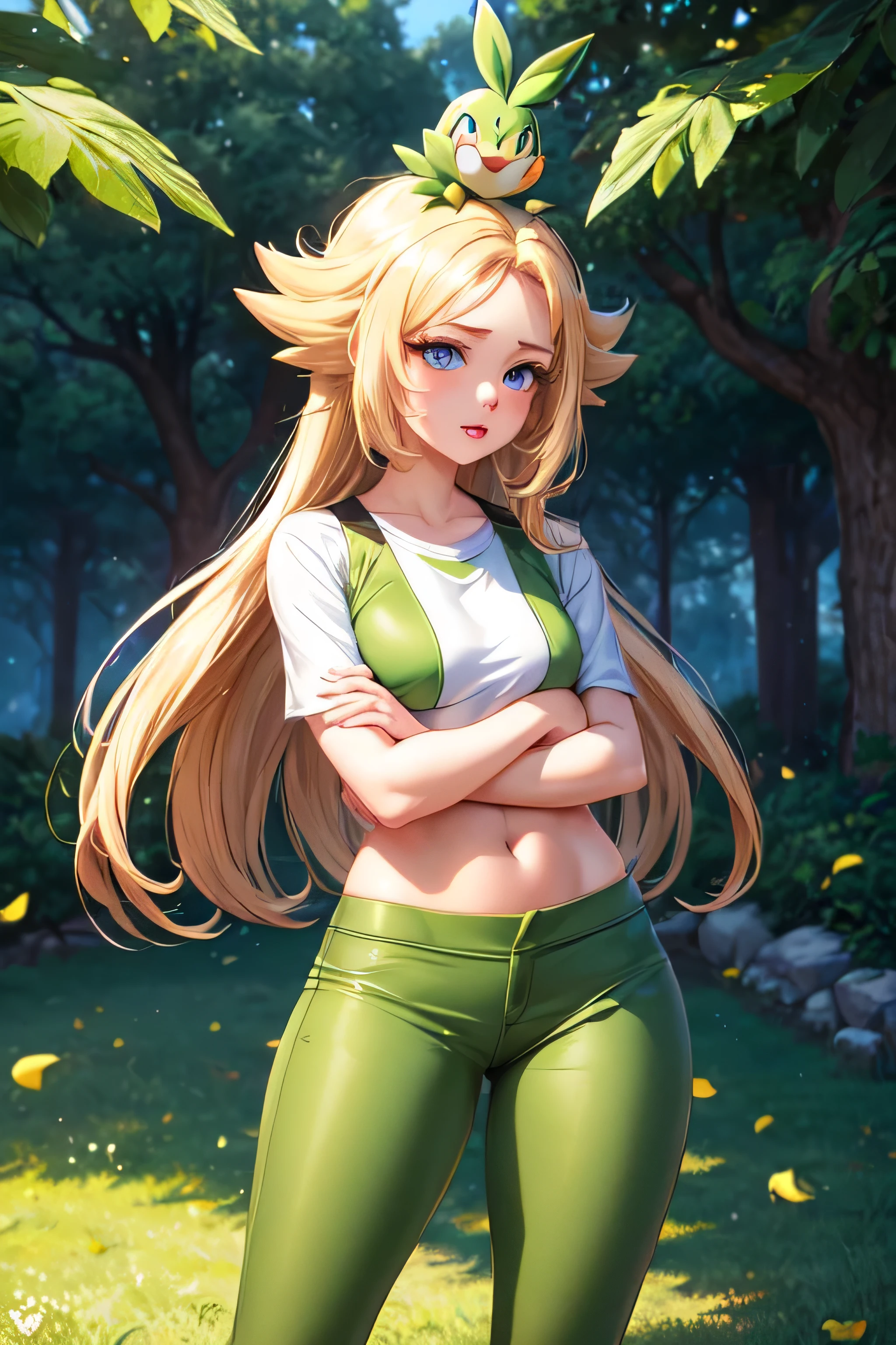 ((best quality)), ((masterpiece)), (detailed), (girl), (20 years old), rapunzel, blond hair, (cute body), (small breast), blue eyes, pokeball, perfect lips, thick lips, standing in the middle of a pokemon town outside, extremely long hair, (green pokemon outfit), brown pants, (soft hands), (active pose), leaves on head,