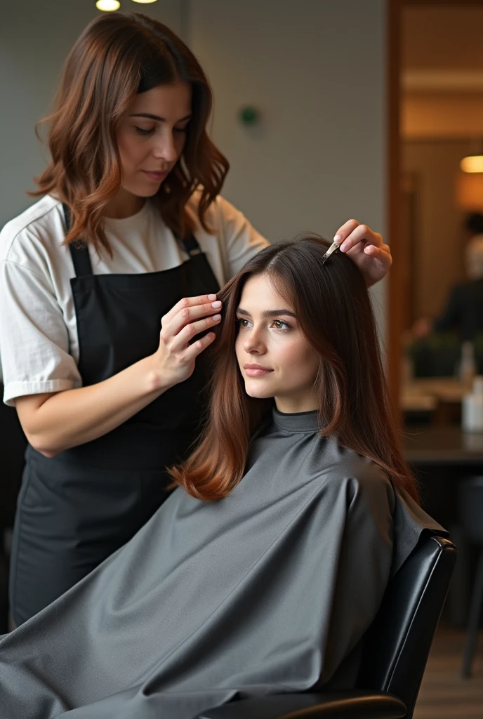 Make a picture of a salon girl where a man dyes her hair. Age 28 years.