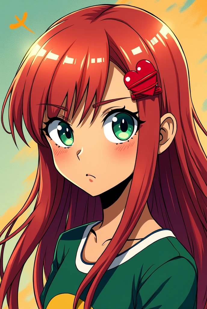 my hero academia manga art style, tan girl who has light red, long, side swept hair, sharp and pointy lime green eyes, has an eyebrow peircing and a red heart hair clip