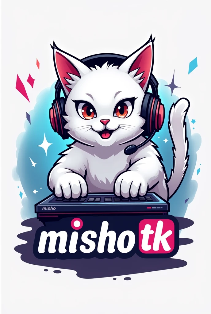 Can you create me a logo of a white GEIMER cat that has headphones AND IS PLAYING and below that has the words "MISHO TK"