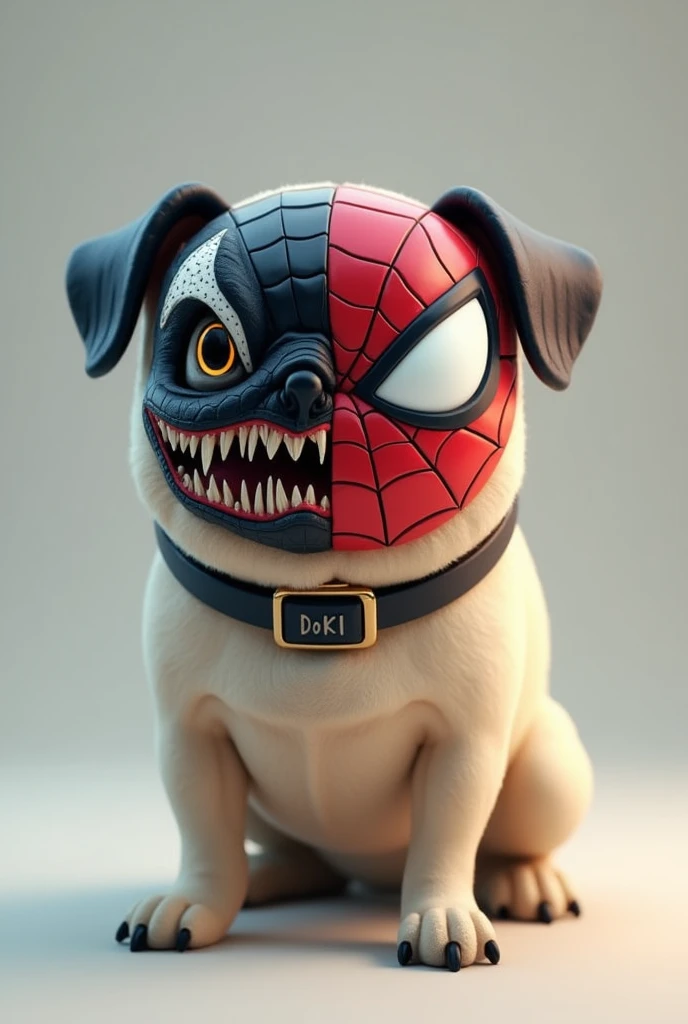 A 3D pug dog with a collar that says DOKI and wearing a spiderman and venom mask