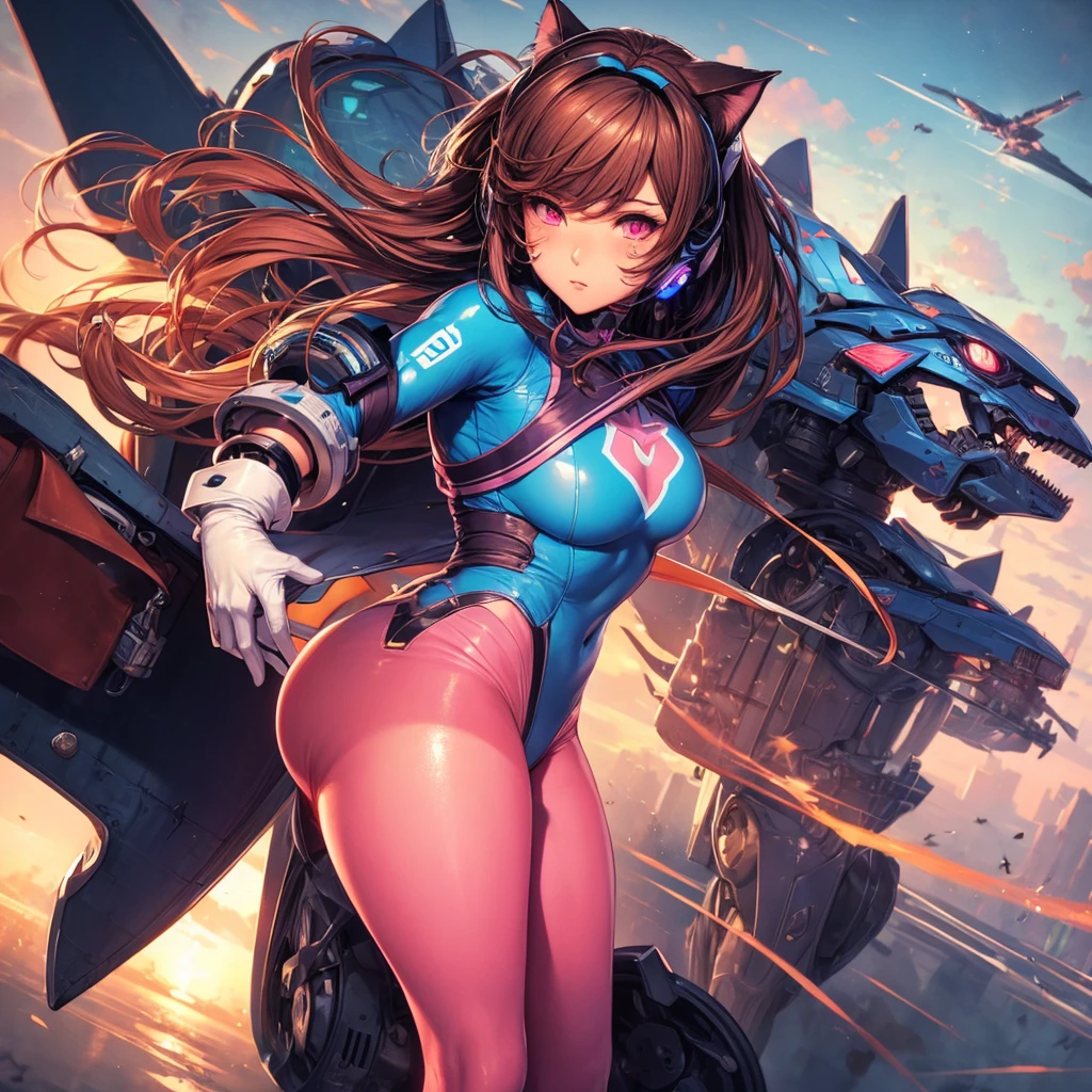 masterpiece, best quality, high resolution, 1 Girl, Super high resolution, Solitary, Mech pilot, d.and, earphone, Pink Eyes, Blue tights, Brown hair, White gloves, cat face decoration,