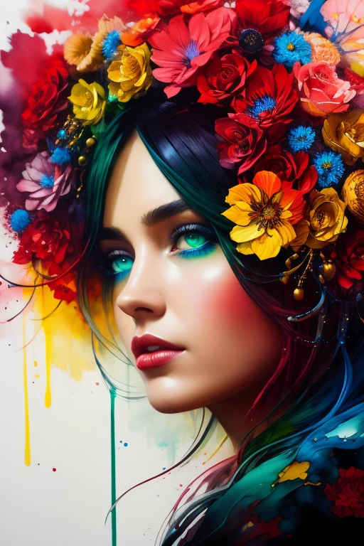 Colorful beautiful woman, Flow of Negroes , red , yellow .green , Blue ink, photorealistic masterpiece in 8k resolution, Aaron Horkey and Jeremy Mann, complex detailed painting with liquid gouache, John Baptist Mr., calligraphy, acrylic, watercolor art, Professional photography, daylight, Volumetric lighting maximalist photo illustration: Marton Bobzert: concept art in 8K resolution, finely detailed, difficult, elegant, expansive, fantasy, Golden eyes.Whirlwind of Flowers !