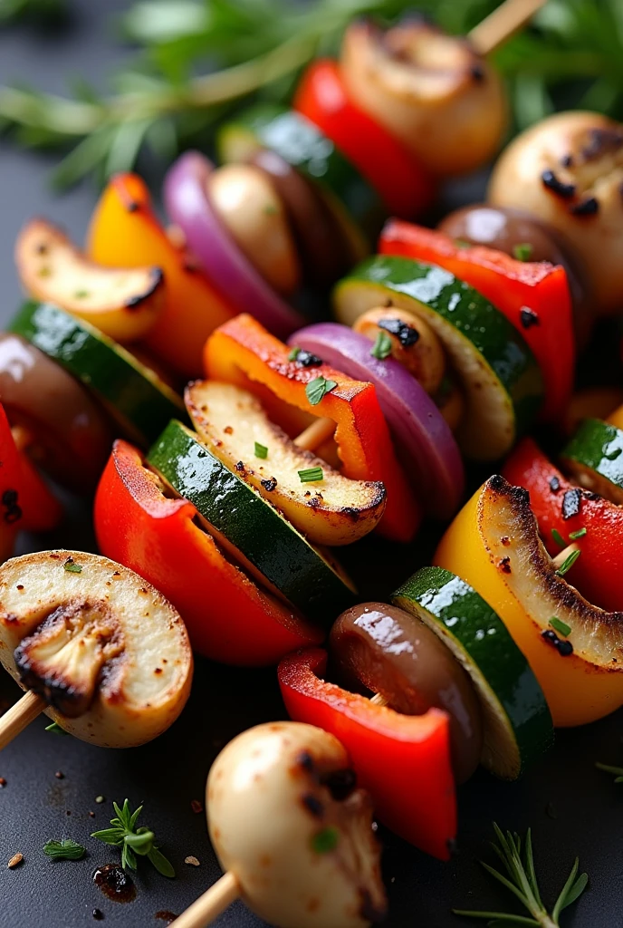 Create an image of this recipe: Grilled Vegetable Skewers Ingredients:
- Zucchini: 100 g - Red pepper: 100 g - Mushrooms: 100 g - Berenjena: 100 g - Red onion: 50 g - Olive oil: 15 ml
- Romero fresco: 10 g
- Sal: 5 g - Pepper: 2 g Preparation:
1. Wash and cut the zucchini, Pepper, Mushrooms, Eggplant and onion in uniform pieces.
2. Thread the vegetables onto skewers, alternating the different types.
3. In a bowl, Mix the olive oil with the chopped rosemary, salt and pepper.
4. Brush the skewers with the oil and spice mixture..
5. Grill the skewers or put them in the oven at 200°C for 15-20 minutes., turning them over halfway through cooking.
6. Serve the skewers hot as a main dish or side dish..