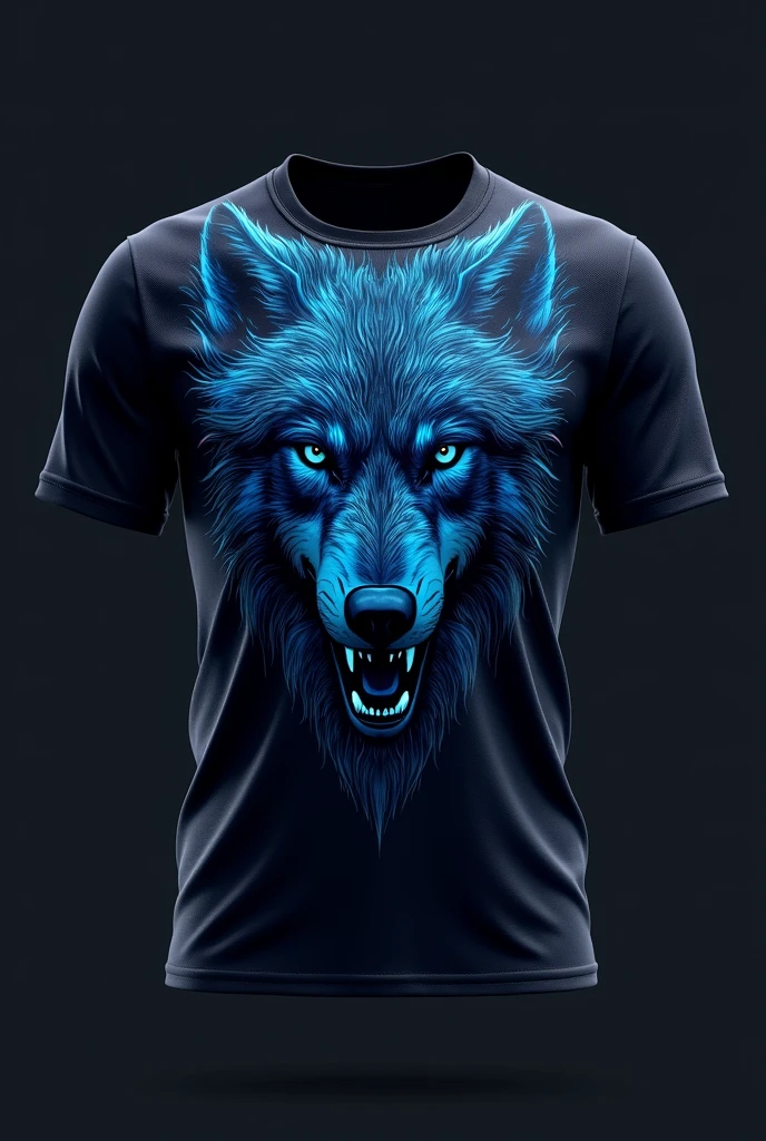 Create a football shirt with the predominant color being black and a blue wolf print