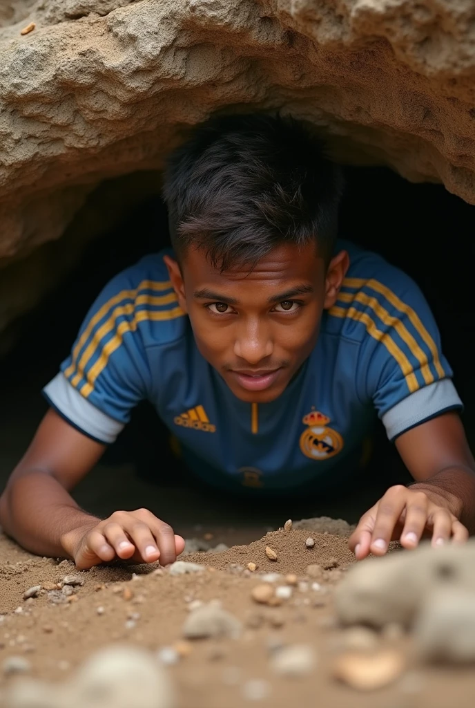 A young man with dark skin and short brown hair, with a kroos 8 madrid shirt. desperately searching under a rock