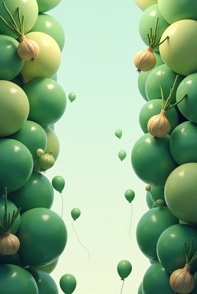 Create two columns of balloons with two types of green, one dark and one lighter, with white balloons also about 1 meter long but on the top I can put something allusive to onion