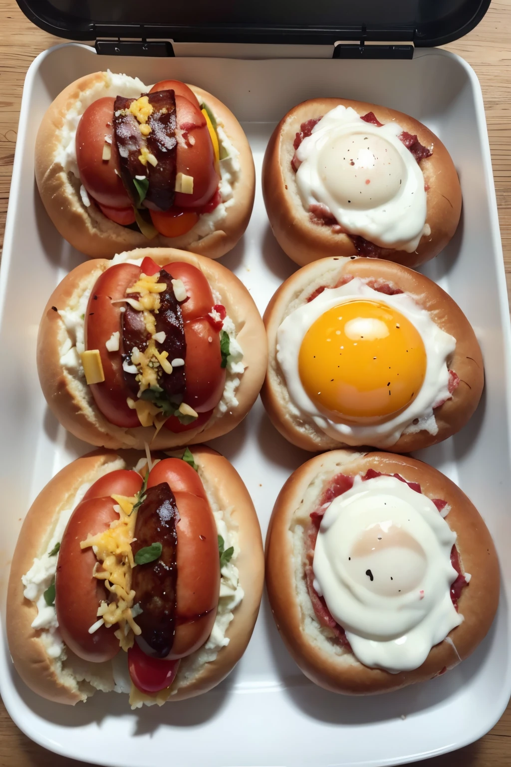 A hot dog with the following ingredients: two sausages with grill marks, Alface, tomato, eggs, Bolognese sauce, two strips of bacon, white mayonnaise