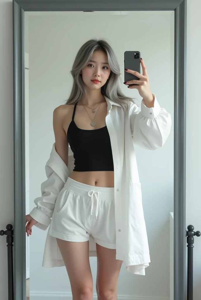 highly detailed, beautiful, hyper Realistic girl, masterpiece, best quality, Depict a mysterious and sophisticated beautiful Japanese gravure model,, 18-years-old, identity hidden, all body shot, / gray arranged hair, small head, Detailed face, cute and Pretty slim face, wide Duck mouth, perfect beautiful Tooth, arranged gray hair, shiny eyes, blue-colored eyes, Realistic skin, Detailed face, // sitting, model posing, / This fall fashion look emphasizes a relaxed yet polished style. The oversized white shirt drapes loosely over the body, creating an effortless, airy silhouette that contrasts nicely, with A white crop top designed with a modern and minimalist aesthetic. The top features a high neckline and a fitted silhouette, accentuating the figure. The most distinctive element is the cut-out details at the shoulders, creating a unique and stylish look. The fabric is smooth and slightly stretchy, ensuring comfort and a snug fit. The shirt’s exaggerated proportions add a sense of ease and movement, perfect for layering as the weather cools. The white drawstring shorts maintain the casual vibe while keeping the look cohesive and fresh. Paired with black open-toe heeled boots, the outfit balances comfort with a touch of elegance. A small black chain bag and a simple silver necklace subtly elevate the minimalist, modern aesthetic, //// simple white single room, gray frame mirror, complicated background /// takes a selfie in her room using a smartphone in front of a mirror with one hand, standing and sexy Posing, all body below shot, focus shoes, looking away from the camera,