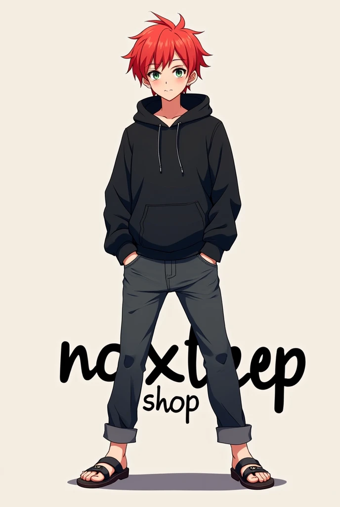 There is a red-haired anime guy, frame size 500 x 500 px, wearing a black hoodie, jeans, and sandals, with the words NOXTEEP SHOP.