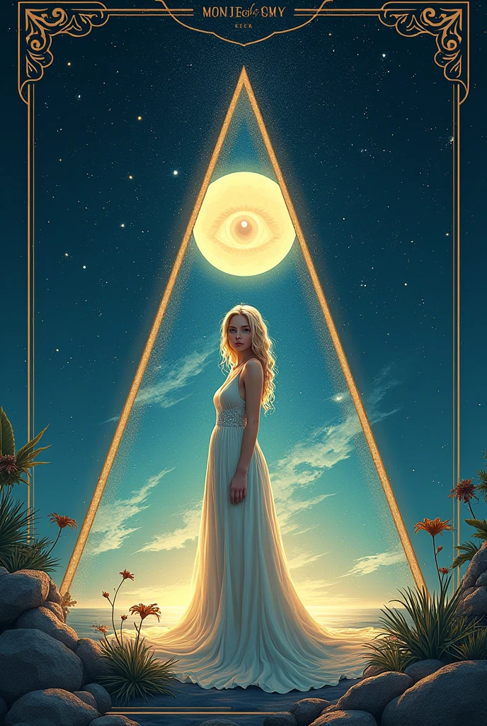 label for beer "MONJE OF SKY": central character: A pretty woman, 200cm tall wide hips, beautiful and blonde in an elegant dress, barefoot looking at the camera. Symbolic Element: The woman is located inside an equilateral triangle, that stands out in the design. bottom: A starry night sky, using bright and light colors. Mystical element: in the sky, There is a second smaller equilateral triangle with an eye in the center (in the style "All-seeing eye").