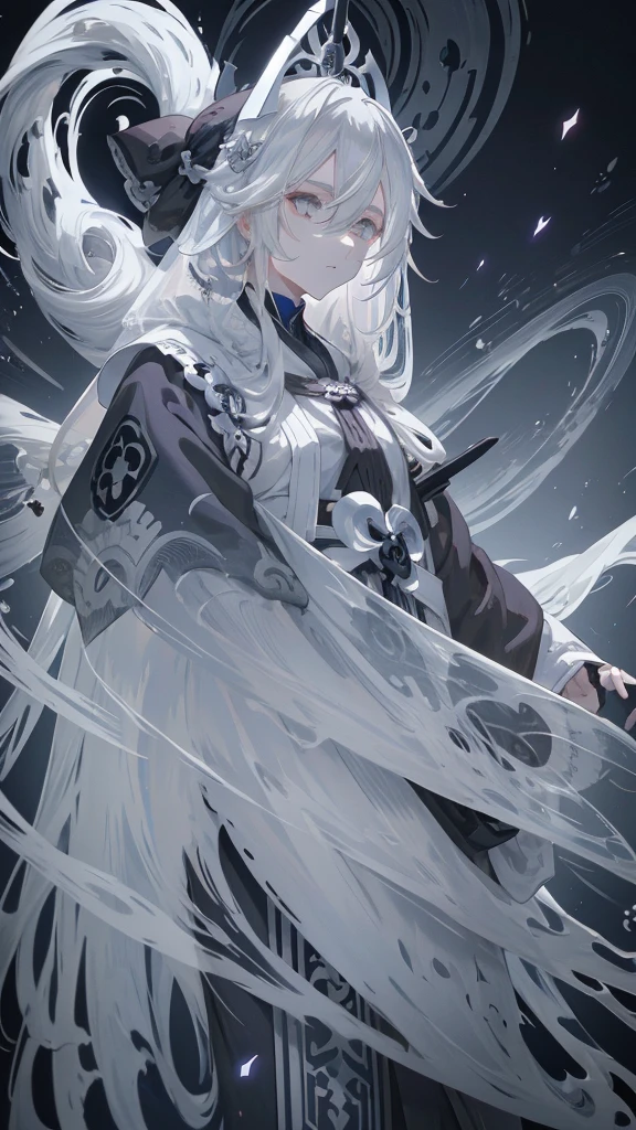 anime - style image of a woman of long white hair and a veil, Gray-haired deity, Onmyoji portrait, Beautiful male grim reaper, Flowing hair and long robes, He has dark grey hair, Hajime Yatate, Alucard, of long white hair, Gray-haired, ((wearing a noble robe)), The sharp gaze of the Yuki-onna