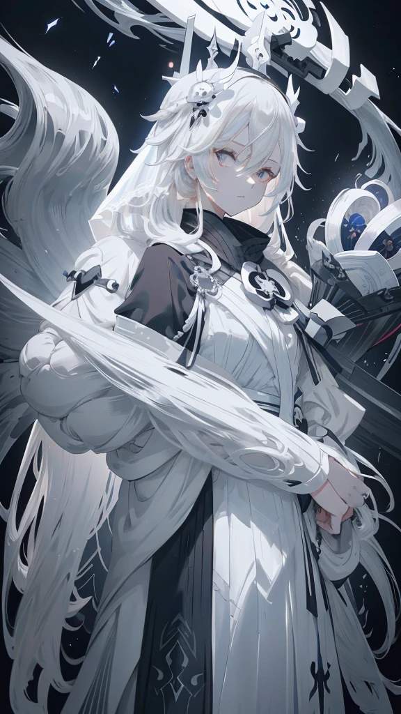 anime - style image of a woman of long white hair and a veil, Gray-haired deity, Onmyoji portrait, Beautiful male grim reaper, Flowing hair and long robes, He has dark grey hair, Hajime Yatate, Alucard, of long white hair, Gray-haired, ((wearing a noble robe)), The sharp gaze of the Yuki-onna