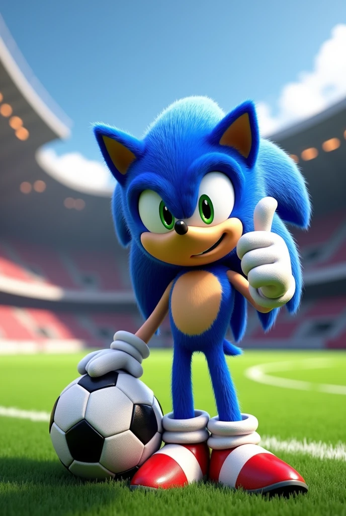 CREATE SONIC IN 3D HAPPY PISANDI A SOCCER BALL AND WITH THE THUMB UP OF THE RIGHT HAND WITH A BACKGROUND OF A SOCCER STADIUM AND ATHLETIC TRACK SIZED AT 1 MT X 1 MT AND AT THE TOP AS A TITLE TEAM SONIC EIGHTH YEAR IN SPANISH