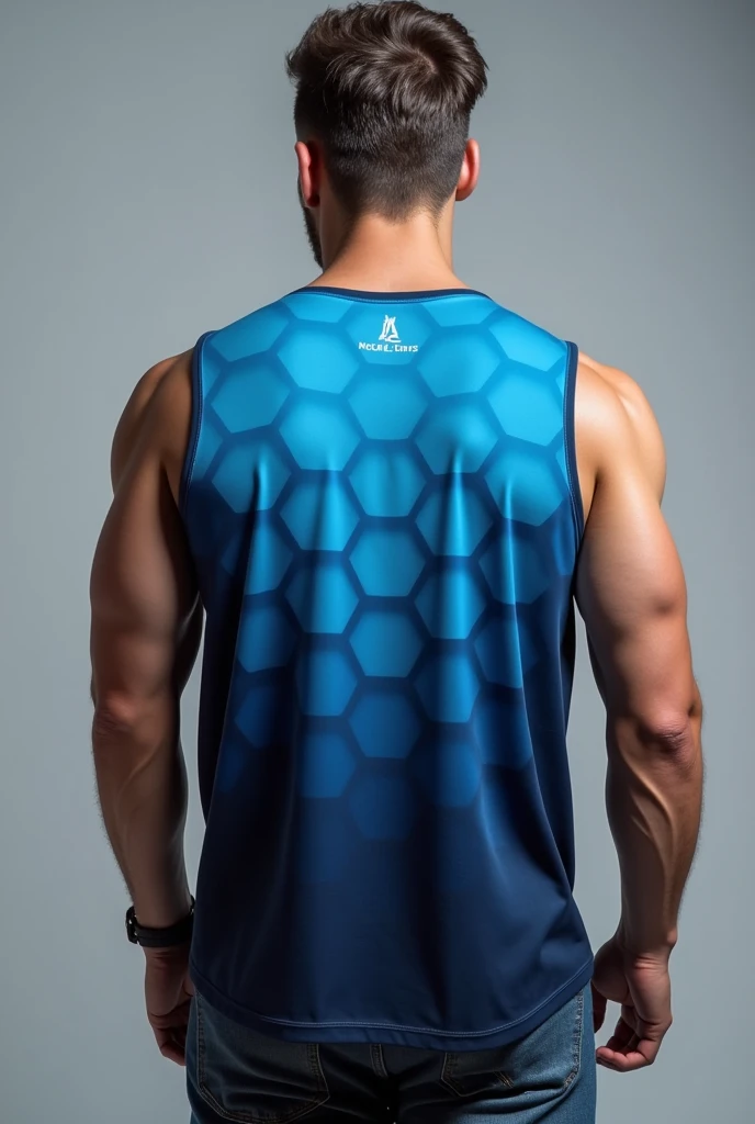 Men's blue hexagonal gradient tank top front and back